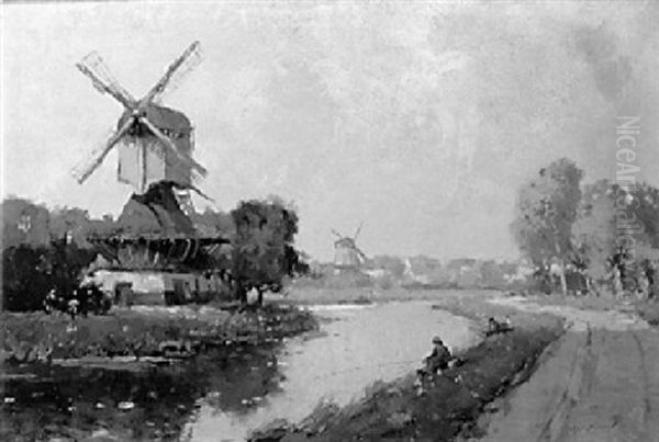 Windmills Along A Meandering River With Anglers Oil Painting by Gerard Delfgaauw