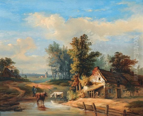 Bauer Mit Kuhen Bei Furt Und Gehoft Oil Painting by Auguste Delfosse