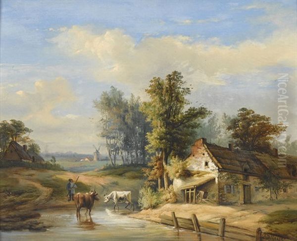 Bauer Mit Kuhen Bei Furt Und Gehoft Oil Painting by Auguste Delfosse