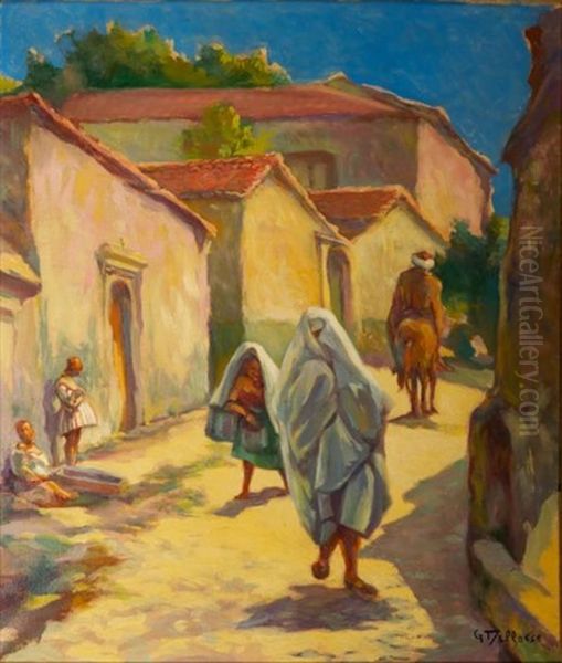 Rue De Village Animee En Afrique Du Nord Oil Painting by Georges Marie-Joseph Delfosse