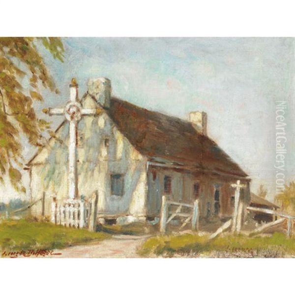 Wayside Cross By A Rural Home Oil Painting by Georges Marie-Joseph Delfosse