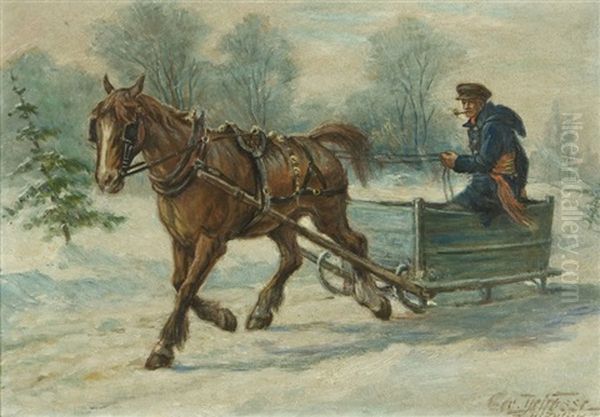 Winter Sleighing Oil Painting by Georges Marie-Joseph Delfosse