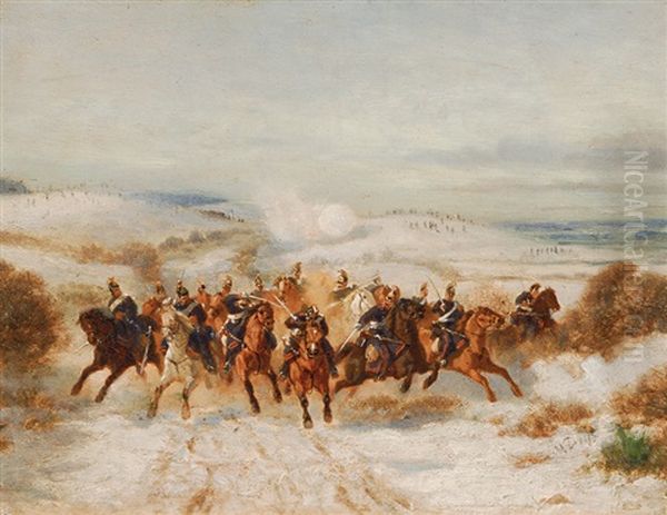 Attacking Prussian Cavalry During The German-french War Oil Painting by Moritz Delfs