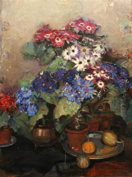 Stilleven Met Bloemen Op Tinnen Schaal Oil Painting by Theo van Delft