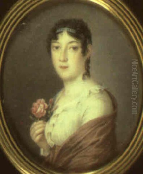 Portrait Of A Lady Holding A Pink Rose Oil Painting by Jose Delgado Y Meneses