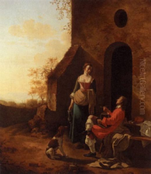 Figures With A Dog Outside A House Oil Painting by Adolphe-Julien Deligne