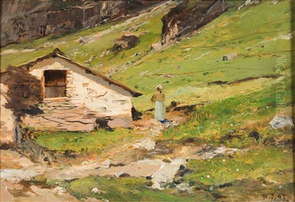 Contadina In Montagna Oil Painting by Lorenzo Delleani