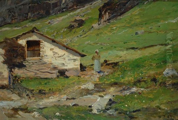 Casolare In Montagna Oil Painting by Lorenzo Delleani