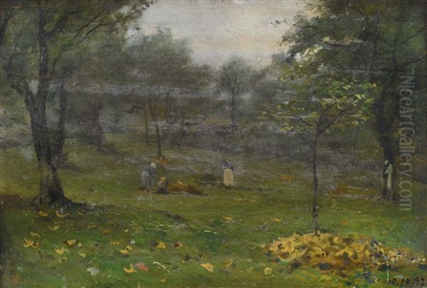 Alberi E Prati D'autunno Oil Painting by Lorenzo Delleani