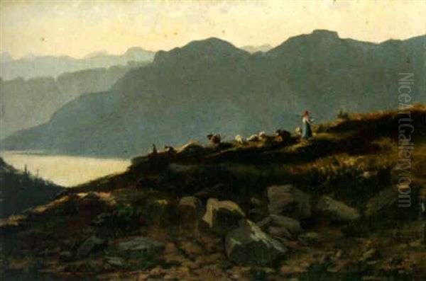 A Shepherd With Cows And Sheep In A Rocky Landscape Oil Painting by Lorenzo Delleani