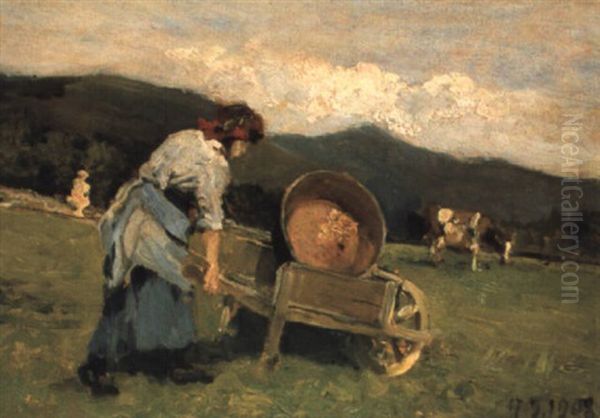 Contadina Col Paiolo Sulla Carriola Oil Painting by Lorenzo Delleani