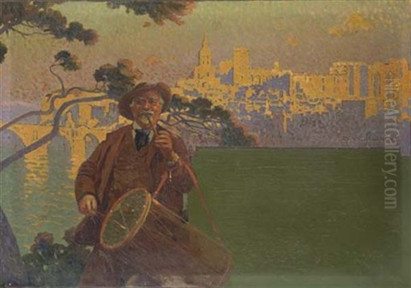 Autoportrait De L'artiste Avec Un Tambour Devant Avignon Au Coucher Du Soleil (design For Poster) Oil Painting by David Dellepiane