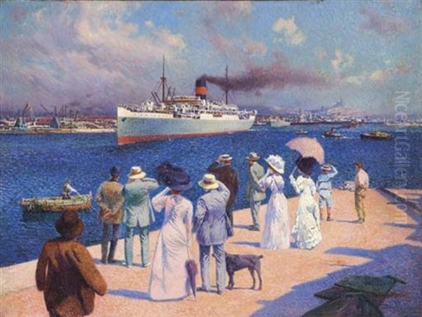 Bateau Quittant Le Port De Marseille Depuis La Digue De La Grande Jetee Oil Painting by David Dellepiane