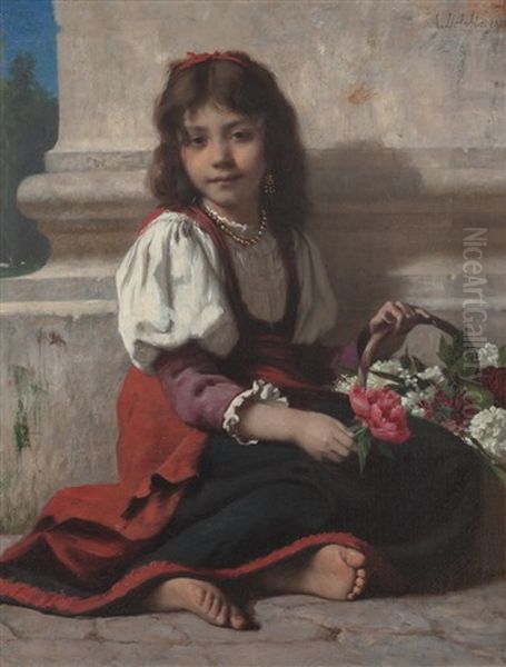 The Little Flower Girl Oil Painting by Francois Alfred Delobbe