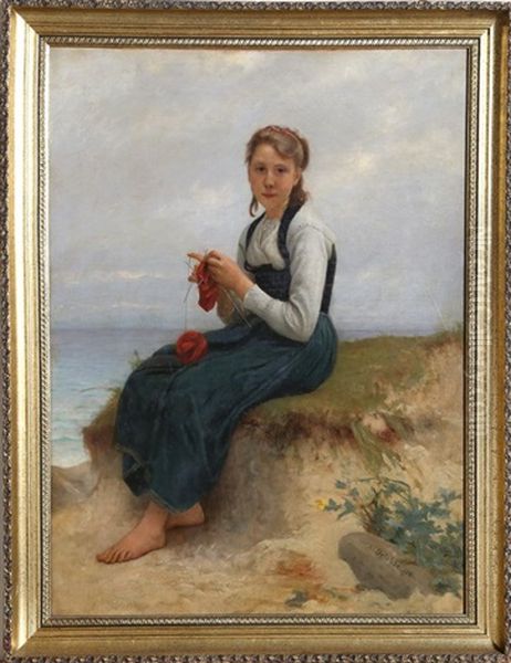 Young Woman Knitting In Seascape Oil Painting by Francois Alfred Delobbe