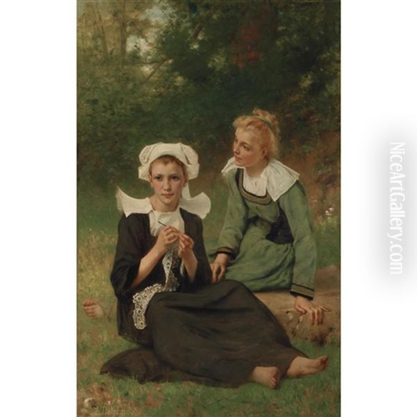 Jeunes Dentellieres De Beuzec-conq Oil Painting by Francois Alfred Delobbe