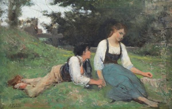 Conversation Galante Dans Un Pre Oil Painting by Francois Alfred Delobbe