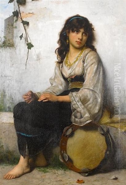 The Little Tambourine Girl Oil Painting by Francois Alfred Delobbe