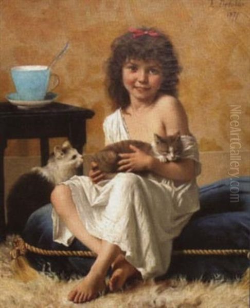 Portrait Of A Young Girl Seated On A Blue Floor Cushion With Cats Oil Painting by Francois Alfred Delobbe