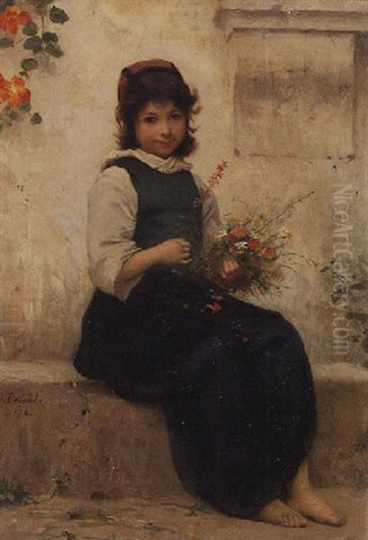 Girl With A Bouquet Of Wildflowers Oil Painting by Francois Alfred Delobbe