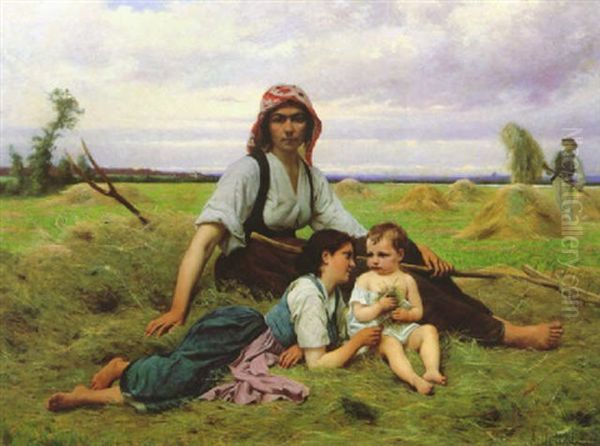 The Hay Gatherers At Rest In A Field Oil Painting by Francois Alfred Delobbe