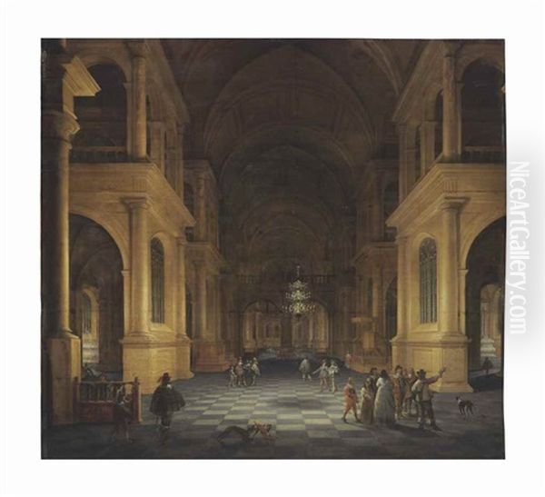 A Darkened Church Interior With Elegant Figures Oil Painting by Anthonie Delorme