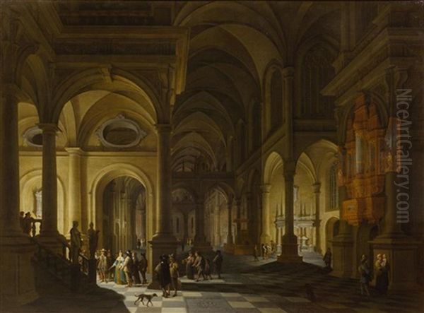 Interior Of A Church With Figures Oil Painting by Anthonie Delorme