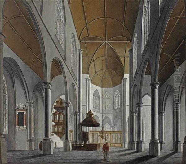 A Gothic Church Interior Oil Painting by Anthonie Delorme