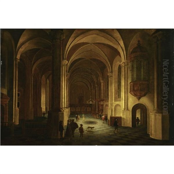 The Interior Of A Church At Night, With Elegant Figures Oil Painting by Anthonie Delorme