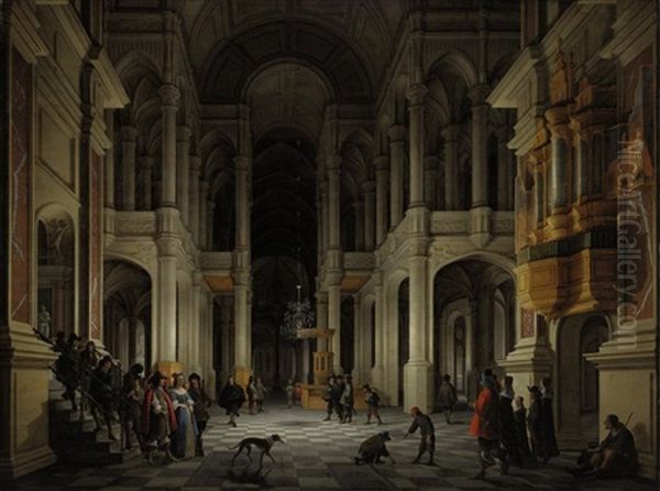 The Interior Of A Renaissance-style Church At Night With An Elegant Couple Making An Entrance Oil Painting by Anthonie Delorme