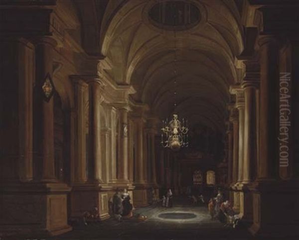 A Darkened Church Interior With Children Playing And Elegant Figures Conversing Oil Painting by Anthonie Delorme