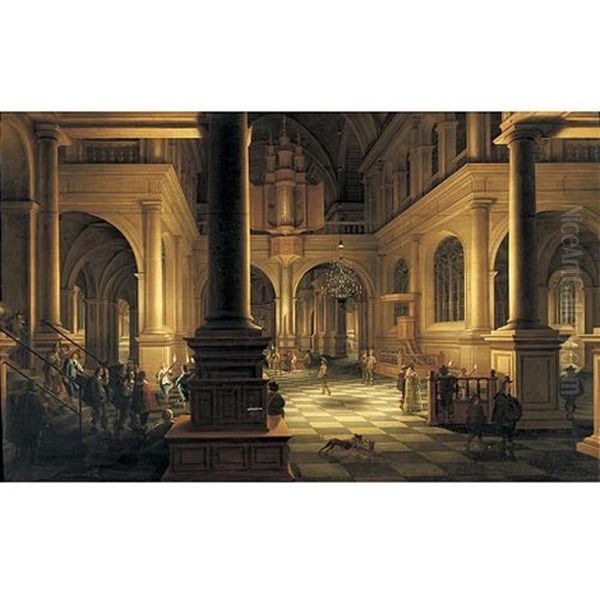 Interior Of A Church By Night (in Collab. W/anthonie Palamedesz) Oil Painting by Anthonie Delorme