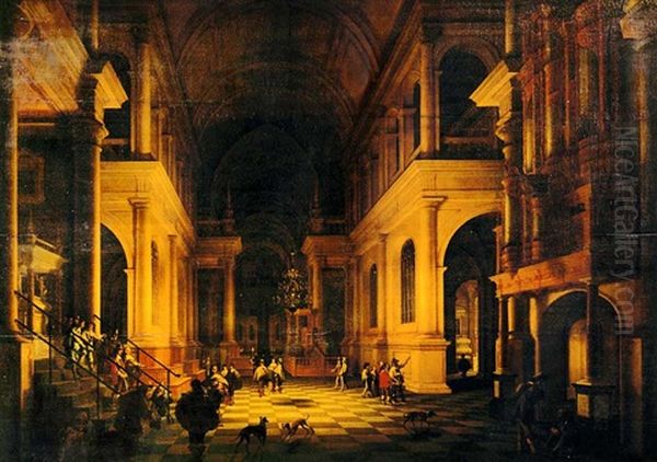 The Interior Of A Renaissance Cathedral By Candlelight With The Entrance Of A Dignitary And His Entourage (in Collab. W/anthonie Palamedesz) Oil Painting by Anthonie Delorme