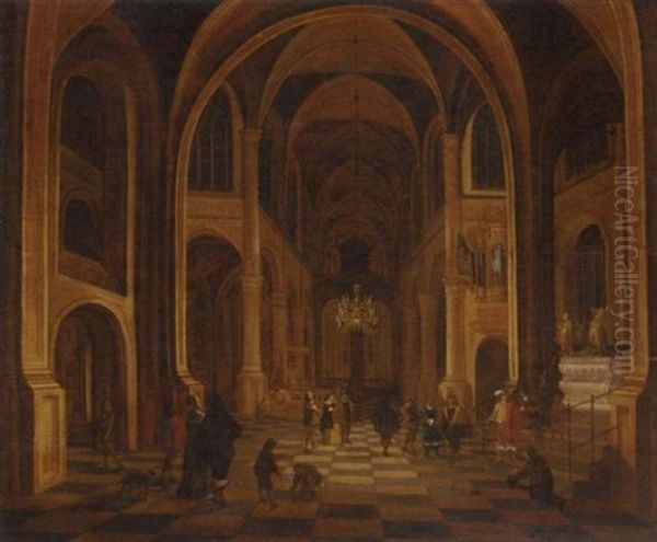 The Interior Of A Church At Night, With Elegant Figures In The Foreground by Anthonie Delorme