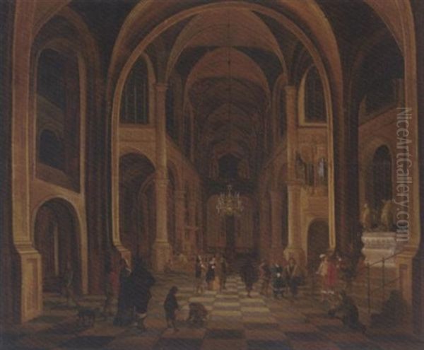 The Interior Of A Church At Night, With Elegant Figures In The Foreground Oil Painting by Anthonie Delorme