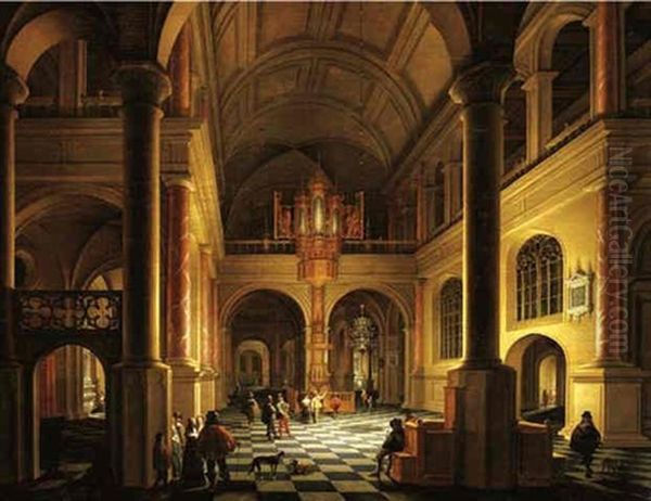 The Interior Of A Protestant Church At Night With Elegant Figures In The Foreground Oil Painting by Anthonie Delorme