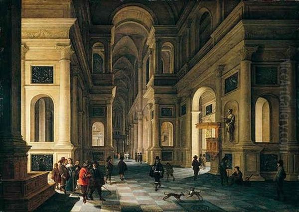 A Church Interior At Night With Numerous Figures Oil Painting by Anthonie Delorme