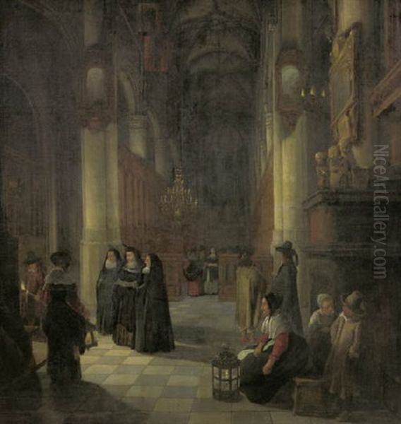 Elegant Women And Other Townsfolk In The Aisle Of A Gothic Church At Night Oil Painting by Anthonie Delorme