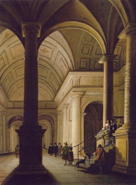 The Interior Of A Palace At Night With An Elegant Couple Making Their Entrance Oil Painting by Anthonie Delorme