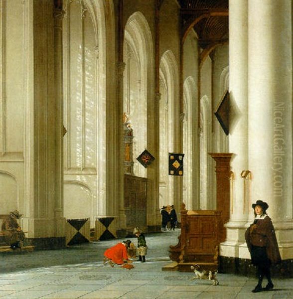 The Interior Of The Grote Kerk, Rotterdam, With Figures And A Dog Oil Painting by Anthonie Delorme