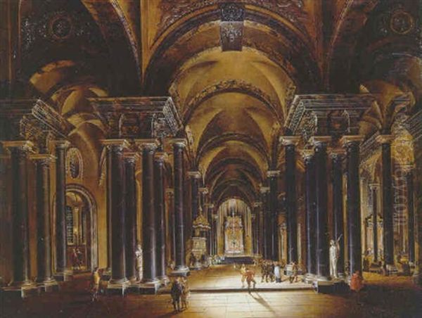 Elegant Gentlemen Greeting An Acolyte In The Nave Of A Renaissance Church With A Procession An A Service Taking Place Oil Painting by Anthonie Delorme