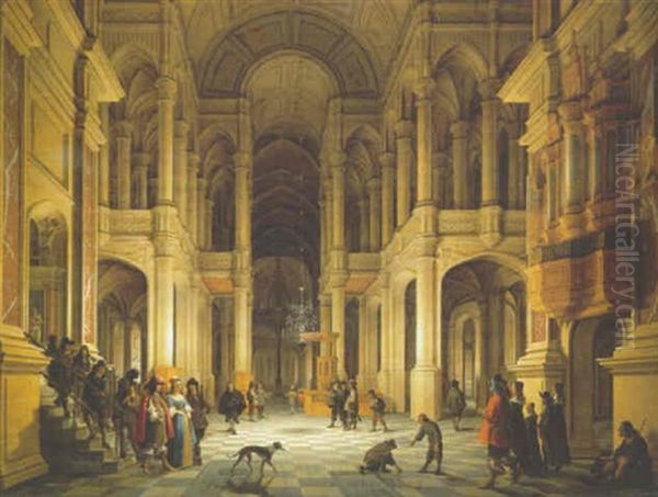 The Interior Of A Renaissance-style Church At Night With An Elegant Couple Making An Entrance Oil Painting by Anthonie Delorme