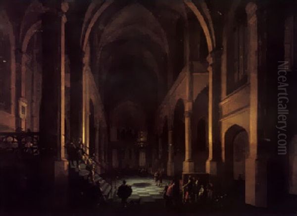 A Capriccio Of A Classical Church Interior At Night Oil Painting by Anthonie Delorme