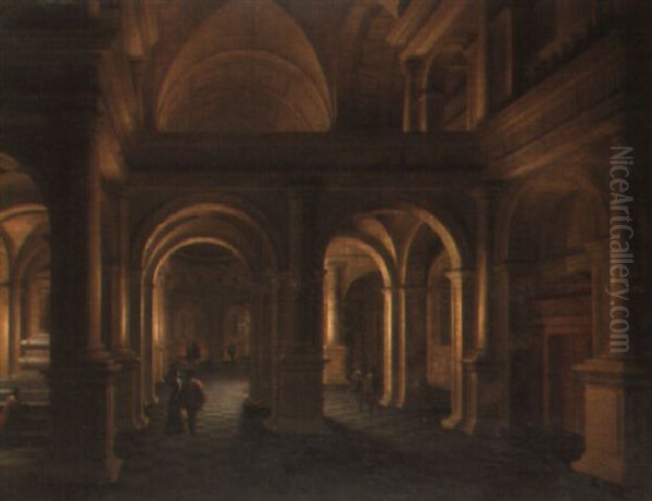 A Candlelit Church Interior Oil Painting by Anthonie Delorme