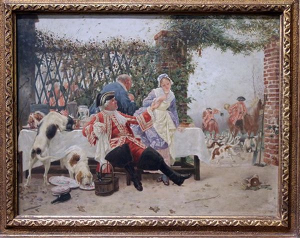 A Hunt Luncheon, With Huntsmen Readying The Hounds, The Master Trying To Attract The Attention Of A Maid And Dogs Scavenging From The Table Oil Painting by Charles Edouard Edmond Delort