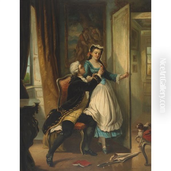 Lovers In A Period Interior With A Dog In The Doorway by Charles Edouard Edmond Delort