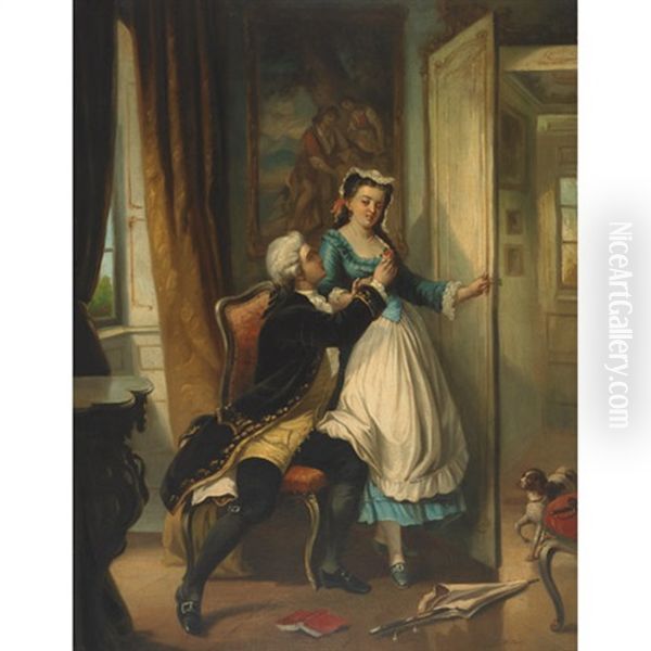 Lovers In A Period Interior With A Dog In The Doorway Oil Painting by Charles Edouard Edmond Delort