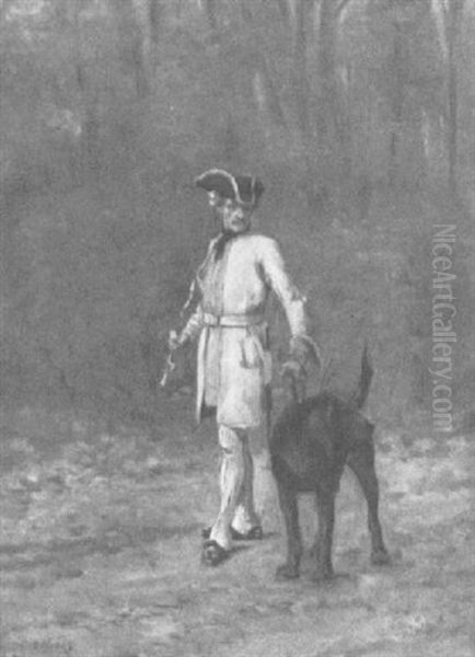 A Gentleman In A Forest With A Bloodhound Oil Painting by Charles Edouard Edmond Delort