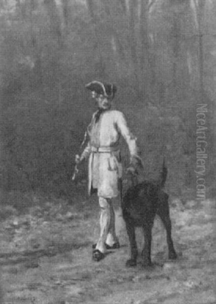 A Gentleman In A Forest With A Bloodhound Oil Painting by Charles Edouard Edmond Delort