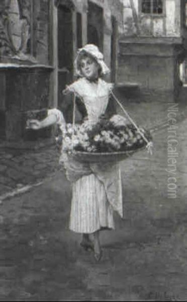 Flower Vendor Oil Painting by Charles Edouard Edmond Delort